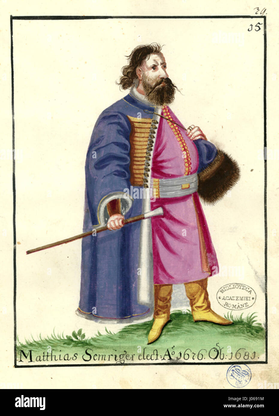 Cette œuvre de 1676, 'Trachten-Kabinett von Siebenbürgen', montre des costumes traditionnels de Transylvanie, conçus par Matthias Semriger. L'œuvre documente les styles vestimentaires régionaux et le patrimoine culturel de la région au XVIIe siècle. Banque D'Images Cette œuvre de 1676, 'Trachten-Kabinett von Siebenbürgen', montre des costumes traditionnels de Transylvanie, conçus par Matthias Semriger. L'œuvre documente les styles vestimentaires régionaux et le patrimoine culturel de la région au XVIIe siècle. Banque D'Images
