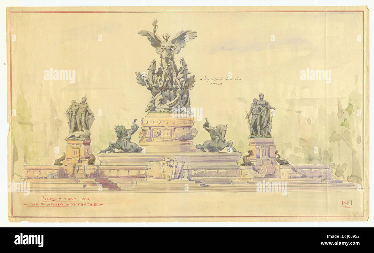 Le projet de Raffaello Romanelli pour une fontaine monumentale met en valeur sa conception pour une œuvre d'art publique à grande échelle. Le design met en lumière l'expertise de Romanelli dans la sculpture et l'art monumental, offrant un aperçu de son processus artistique. Banque D'Images