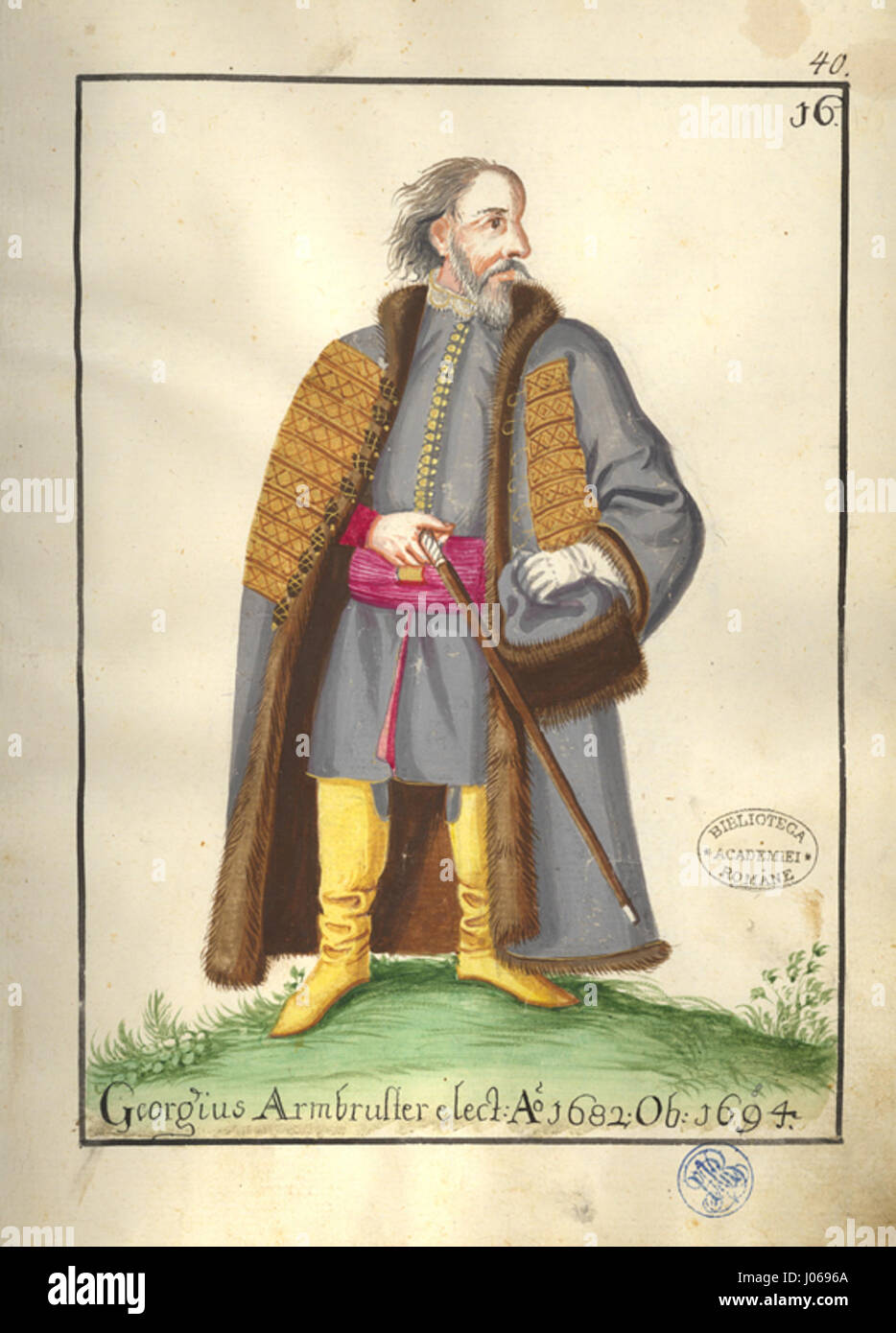 Le 'Trachten-Kabinett von Siebenbürgen' présente des vêtements traditionnels de Transylvanie, avec un portrait de Georgius Armbruster, une figure notable élue en 1682 et décédée en 1694. L’œuvre met en valeur le riche patrimoine culturel de la région. Banque D'Images Le 'Trachten-Kabinett von Siebenbürgen' présente des vêtements traditionnels de Transylvanie, avec un portrait de Georgius Armbruster, une figure notable élue en 1682 et décédée en 1694. L’œuvre met en valeur le riche patrimoine culturel de la région. Banque D'Images