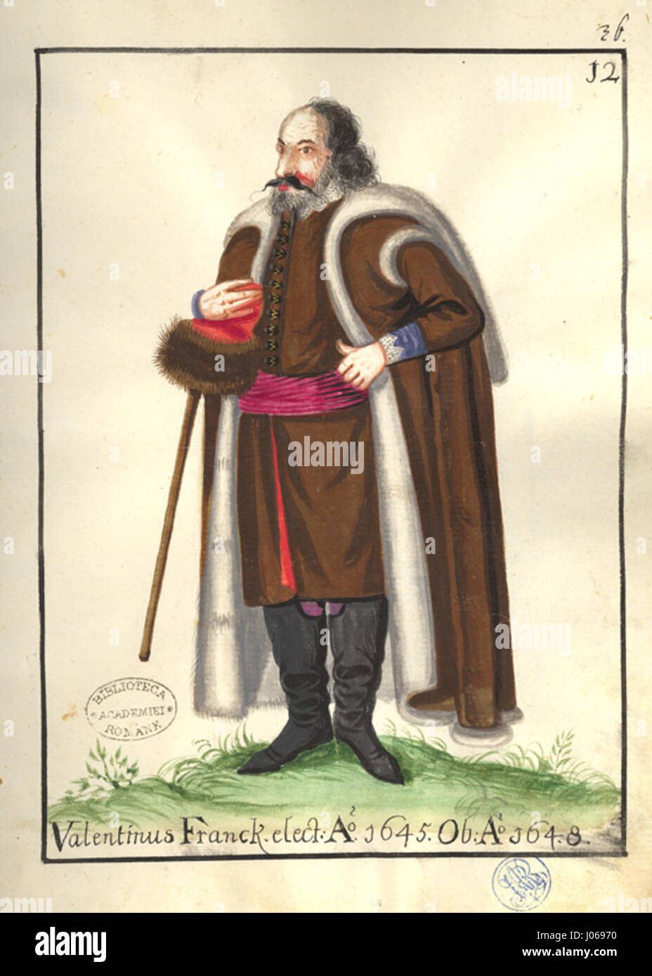 « Trachten-Kabinett von Siebenbürgen » illustre des vêtements traditionnels de Transylvanie, avec un accent particulier sur un costume porté par Valentinus Franck, élu en 1645. Ce travail capture les styles vestimentaires régionaux de l'époque dans des détails complexes. Banque D'Images « Trachten-Kabinett von Siebenbürgen » illustre des vêtements traditionnels de Transylvanie, avec un accent particulier sur un costume porté par Valentinus Franck, élu en 1645. Ce travail capture les styles vestimentaires régionaux de l'époque dans des détails complexes. Banque D'Images