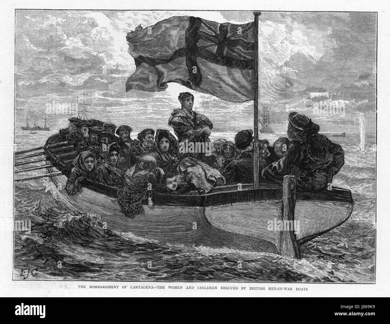 La scène représente le sauvetage de femmes et d'enfants par des bateaux britanniques d'hommes de guerre lors du bombardement de Carthagène, un événement important au début du XIXe siècle, mettant en évidence l'intervention militaire et l'aide humanitaire en période de conflit. Banque D'Images