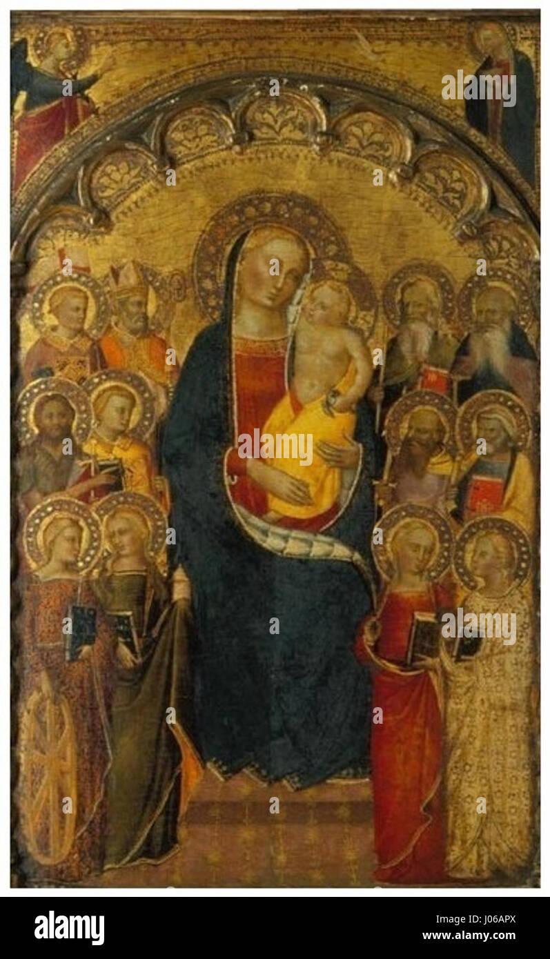 Cette œuvre italienne anonyme présente la Vierge Marie avec l'enfant, les Saints, et des épisodes clés de la passion du Christ, y compris la Crucifixion et l'Annonciation. Il reflète l'art de dévotion typique de la Renaissance italienne, mettant l'accent sur les thèmes et les figures religieux. Banque D'Images