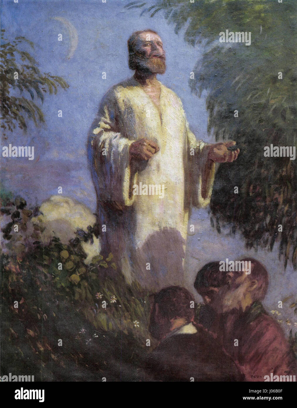 Cette peinture de IV Nyi représente le Christ dans le jardin de Gethsémani, un moment charnière avant la passion du Christ. L’œuvre capture l’intensité émotionnelle et la tourmente spirituelle du Christ alors qu’il prie, prévoyant sa prochaine crucifixion. L’œuvre de 1903 présente une interprétation dramatique de cette scène biblique emblématique, mettant l’accent sur les thèmes du sacrifice et de la foi. Banque D'Images