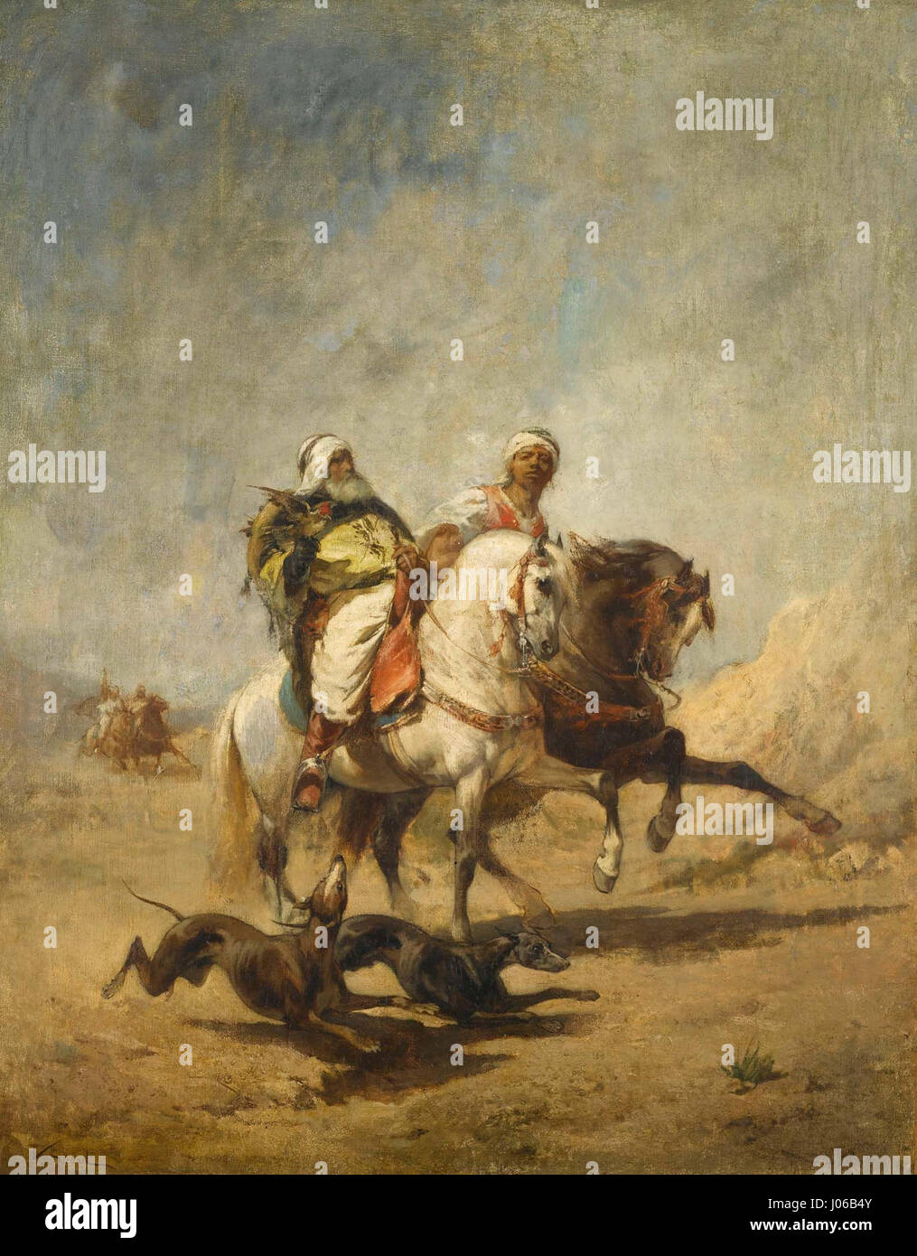 'Deux Bédouins pendant la chasse' de Nicolas Sicard capture deux Bédouins lors d'une expédition de chasse. L’œuvre, qui reflète l’intérêt du XIXe siècle pour les cultures exotiques, met en valeur le mode de vie bédouin et leur lien profond avec l’environnement désertique, mettant en évidence le rendu détaillé des figures et du paysage de Sicard. Banque D'Images