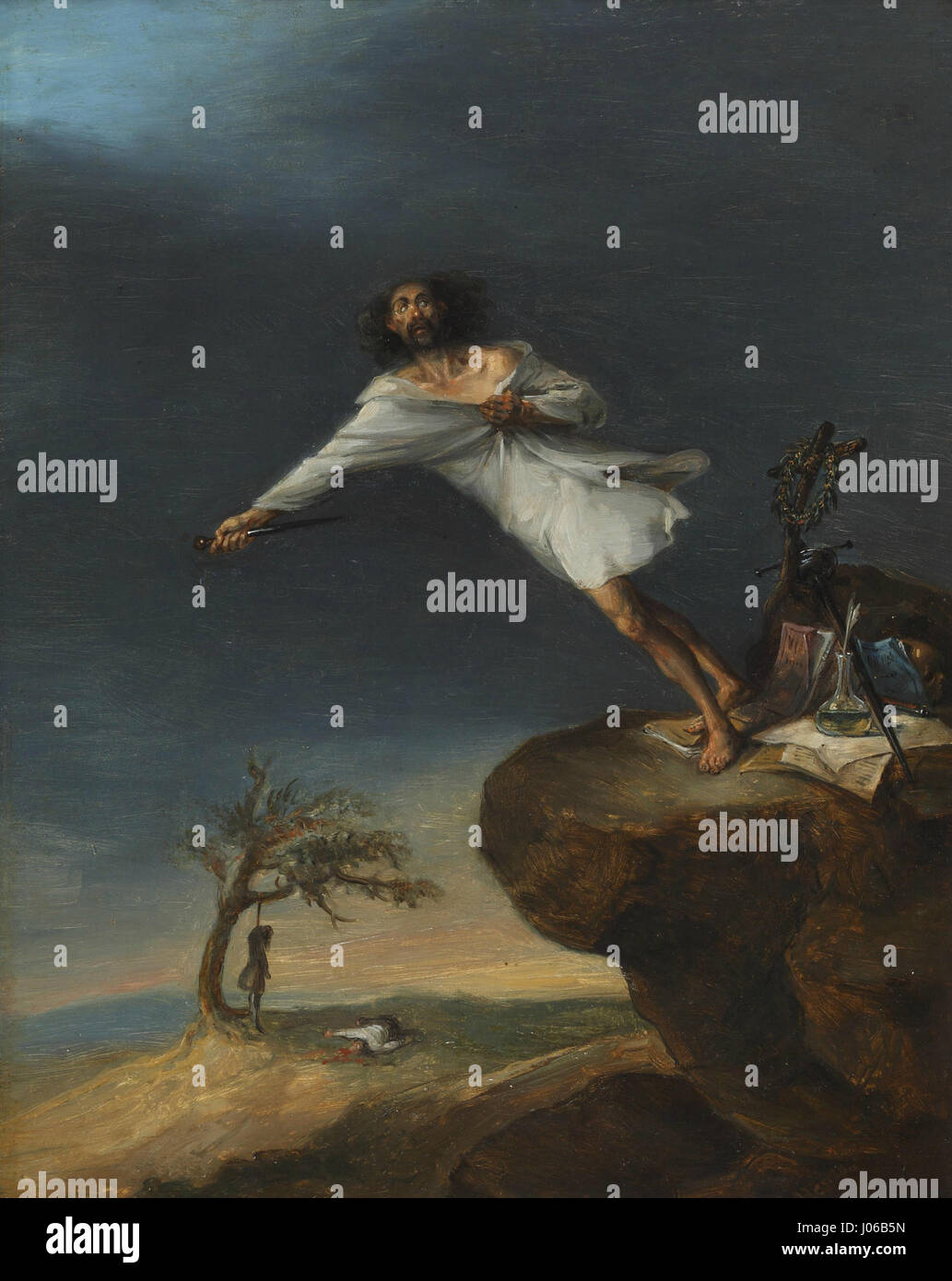 Cette peinture de Leonardo Alenza, intitulée 'S tira del suicidio romántico', créée vers 1839, est conservée au Museo Romántico de Madrid. L'œuvre dépeint une scène dramatique et émotionnelle du romantisme, explorant les thèmes de la passion et du désespoir. Banque D'Images