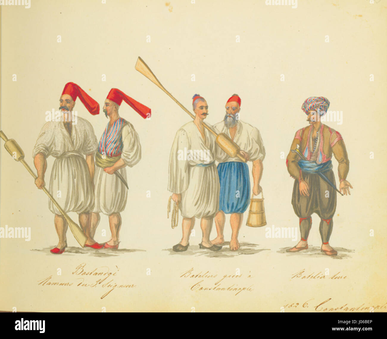 Bostandgi. Rameurs du G. Seigneur' du chevalier Auguste de Henikstein représente des bateliers grecs et turcs à Constantinople, mettant en valeur une scène historique du transport par eau sur le Bosphore avec un accent sur la diversité ethnique de la région. Banque D'Images