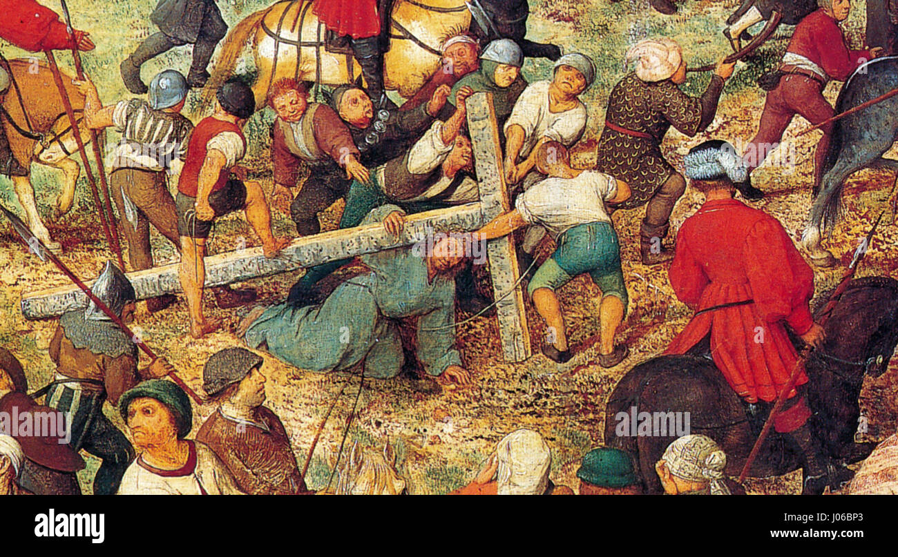 'Kreuztragung Christi' (Christ portant la croix) de Pieter Bruegel l'ancien représente le moment où Christ porte sa croix à sa crucifixion. La peinture est connue pour son réalisme dramatique et sa représentation détaillée de la foule. Banque D'Images