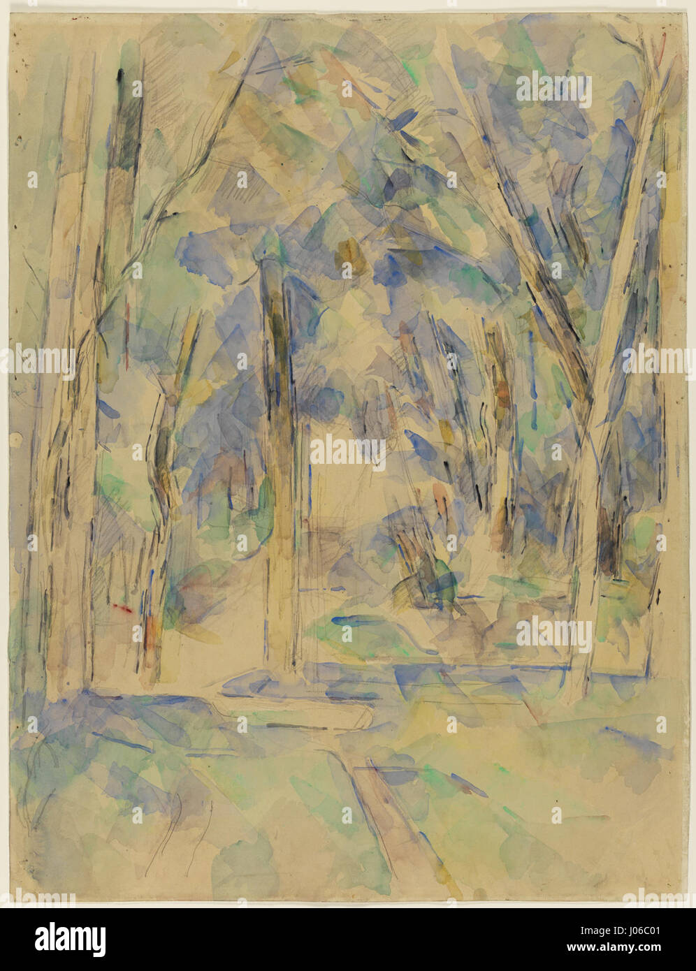 Cette œuvre de Paul Cézanne de 1900 représente des arbres formant une arche, mettant l'accent sur la structure et la nature de l'artiste. La pièce illustre l’exploration par Cézanne de la forme géométrique dans les paysages naturels, comblant le fossé entre impressionnisme et modernisme. Banque D'Images