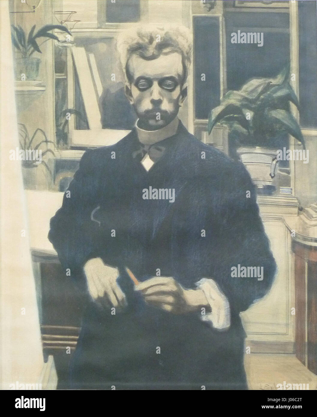 L’autoportrait au crayon rouge de Léon Spilliaert en 1908 capture l’ambiance introspective de l’artiste. L'image reflète son approche unique de l'autoportrait et de l'expression émotionnelle à travers des lignes minimalistes et nettes. Banque D'Images