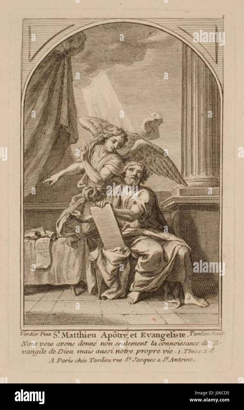 'Les Évangélistes - Saint Matthieu' est une gravure de Nicolas Tardieu, illustrant Saint Matthieu, l'un des quatre évangélistes de tradition chrétienne, connu pour son Évangile dans le Nouveau Testament. Banque D'Images 'Les Évangélistes - Saint Matthieu' est une gravure de Nicolas Tardieu, illustrant Saint Matthieu, l'un des quatre évangélistes de tradition chrétienne, connu pour son Évangile dans le Nouveau Testament. Banque D'Images