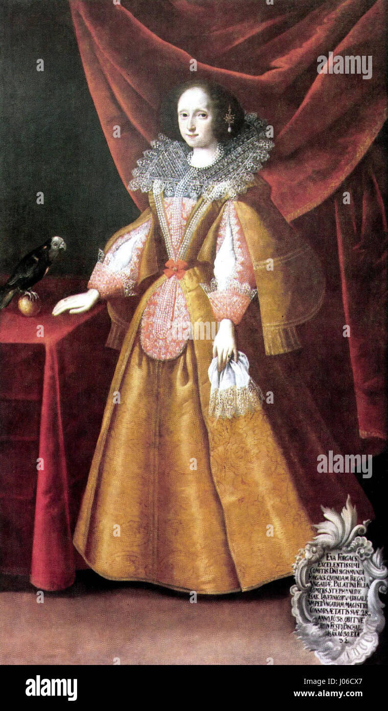 Ce portrait du XVIIe siècle représente Éva Forg, une noble hongroise, dans la tenue typique de l'époque. Le travail détaillé met en évidence le style de mode et de portrait de l’époque baroque, mettant en valeur le statut et la richesse du sitter à travers des vêtements et des accessoires élaborés. Banque D'Images Ce portrait du XVIIe siècle représente Éva Forg, une noble hongroise, dans la tenue typique de l'époque. Le travail détaillé met en évidence le style de mode et de portrait de l’époque baroque, mettant en valeur le statut et la richesse du sitter à travers des vêtements et des accessoires élaborés. Banque D'Images