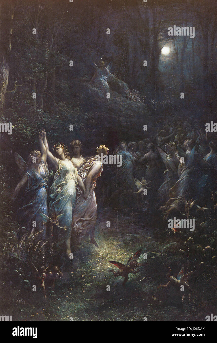 L'illustration de Gustave Doré du « rêve D'Une nuit d'été » de Shakespeare capture les éléments magiques et fantaisistes de la pièce. Doré utilise un travail au trait complexe et des contrastes dramatiques entre la lumière et l'ombre pour représenter le monde fantastique des fées, des amoureux et des forêts enchantées. Banque D'Images