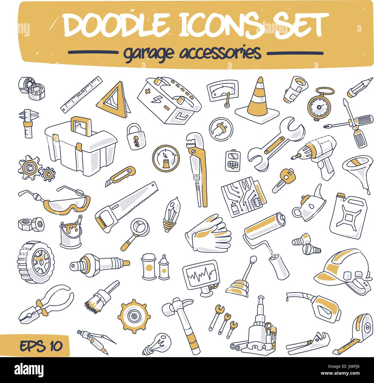 Doodle Icons Set - Accessoires de garages. Illustration de Vecteur