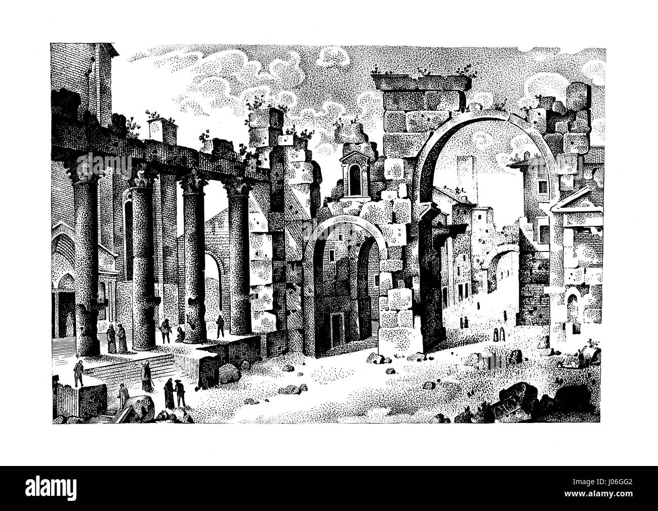 Ancien paysage dessiné à la main, ancien château ou ville gravée dans vieille dot style de travail, graphique ou un croquis à l'encre. l'italien ou l'Espagne hills en ruines. Banque D'Images