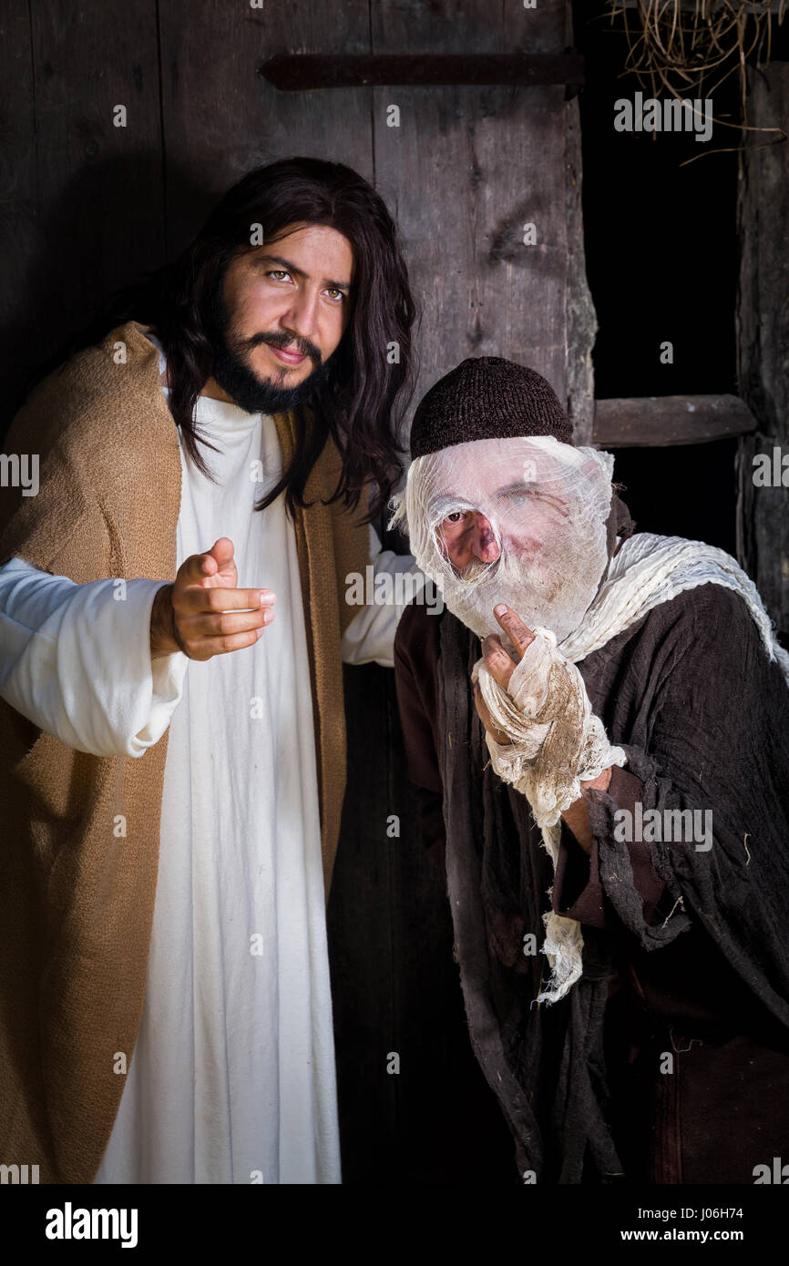 Scène biblique reconstitution historique jouer avec un homme lépreux et Jésus Banque D'Images