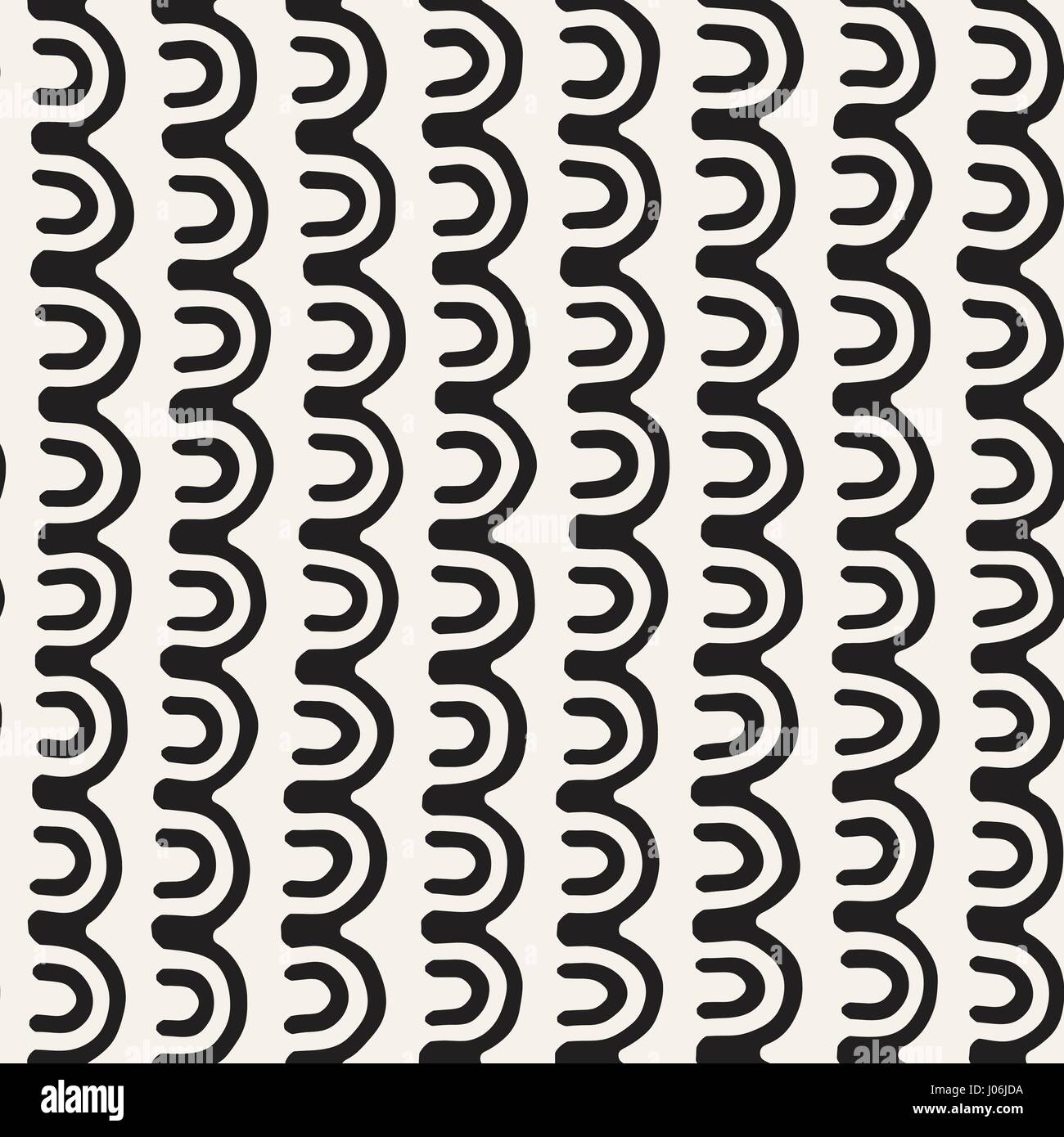 Tribal minimaliste monochrome modèle transparent avec des lignes d'arc. Vector background with inky black art sur white stripe arrondi. Illustration de Vecteur