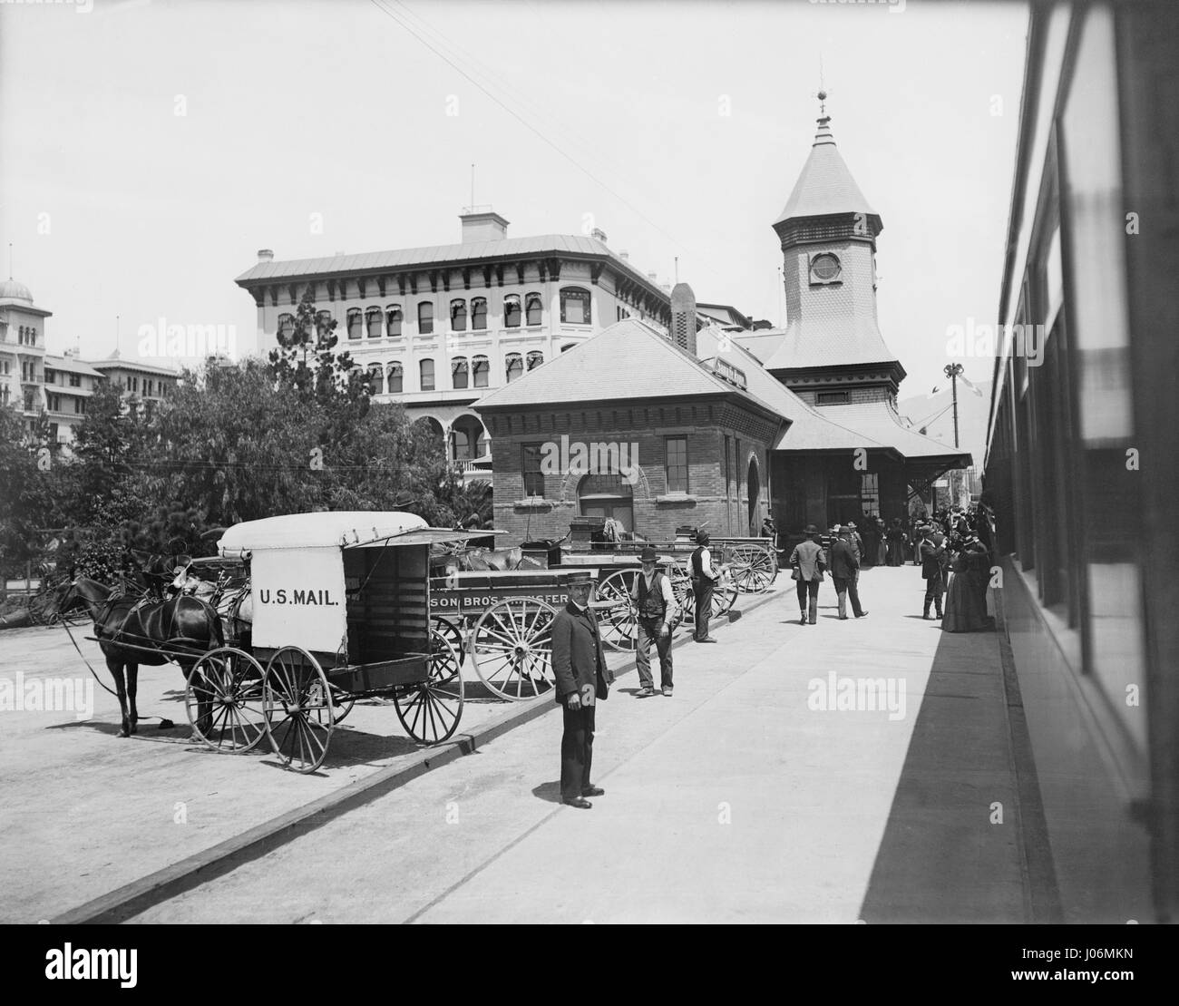 Wagon postal des États-Unis à la gare, Pasadena, Californie, USA, Detroit Publishing Company, 1905 Banque D'Images