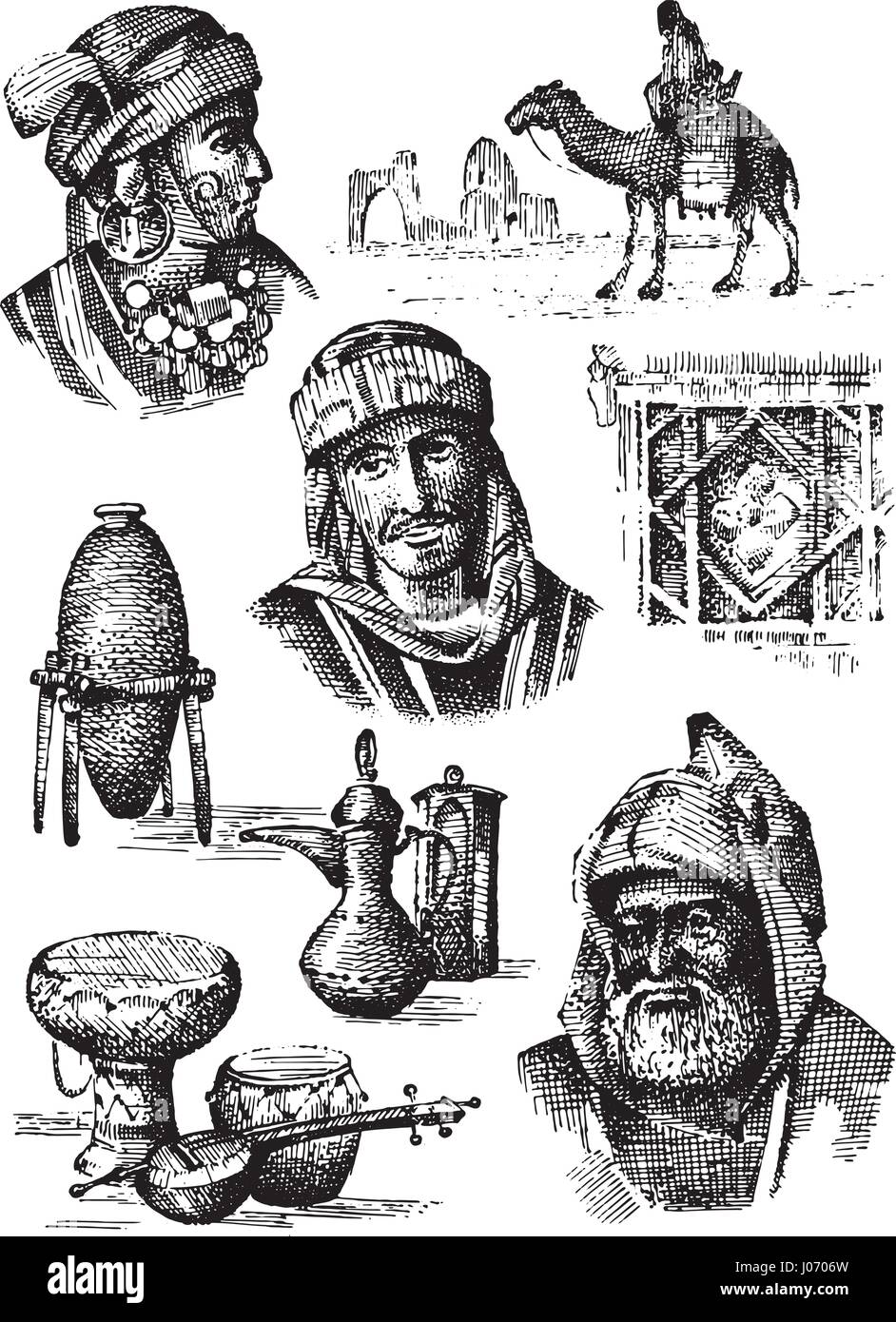 Collection d'orient, moyen orient - à la main ensemble de plaques vases, camel et arabe les hommes et femme, egraved illustration Illustration de Vecteur