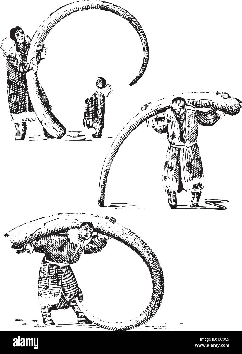 Eskimo avec corne de mammouth, des os d'éléphants préhistoriques , concept illustration de l'Alaska Native, faites à la main ou vintage gravé Illustration de Vecteur