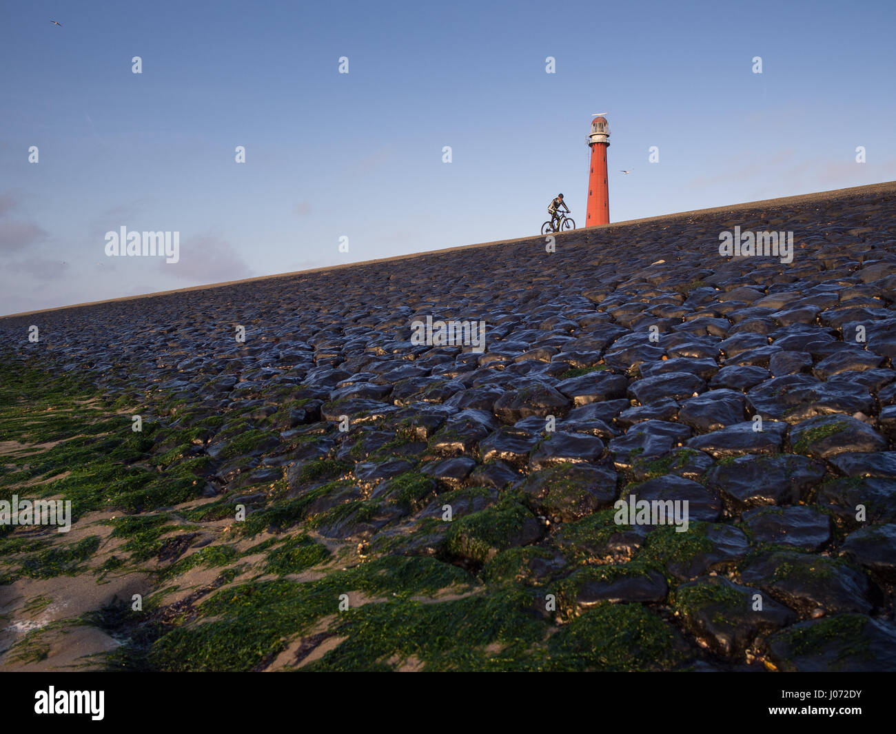 Phare et digue avec bycycle Banque D'Images