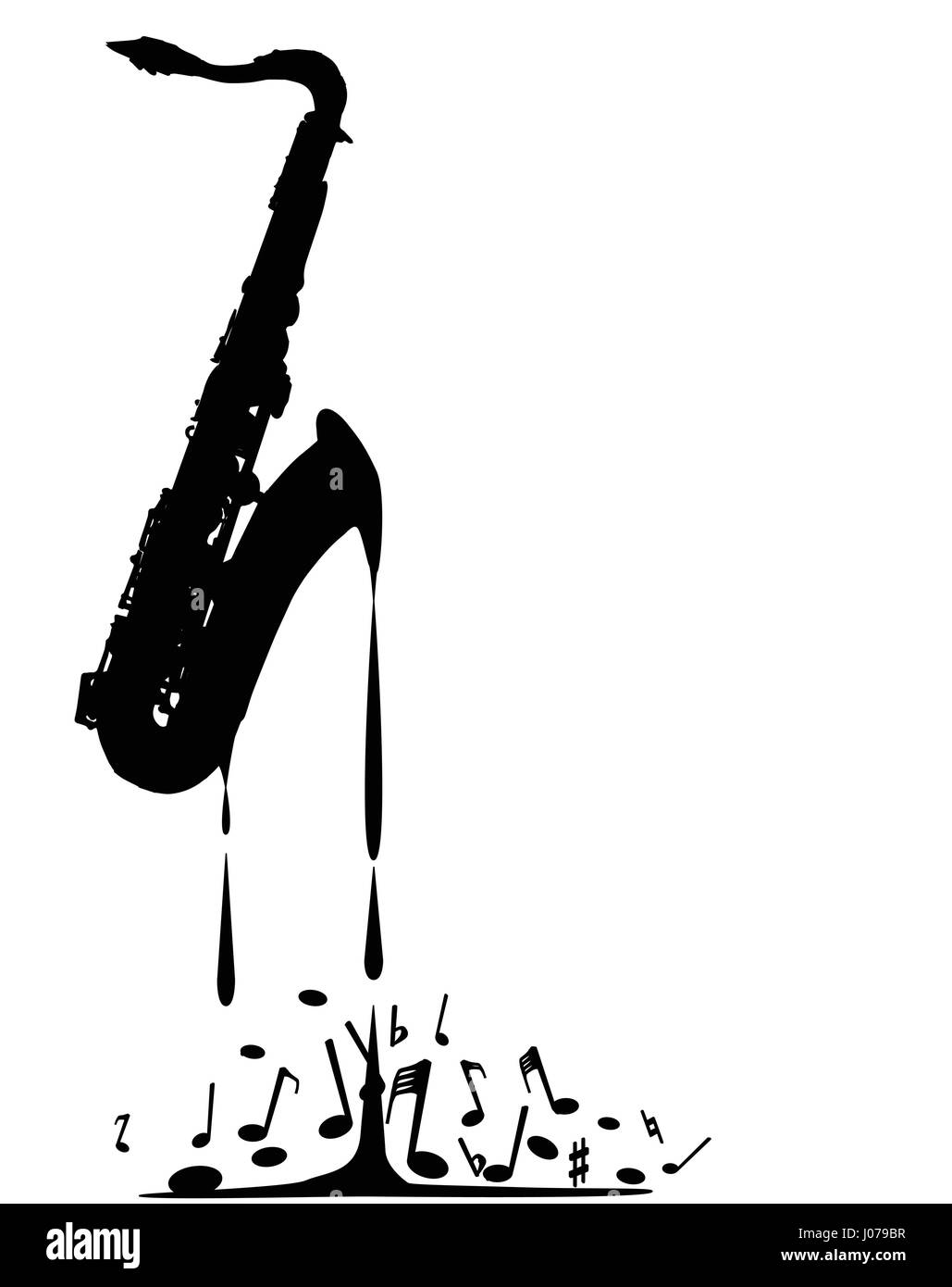 Un saxophone fondre dans des notes de musique sur un fond blanc Illustration de Vecteur