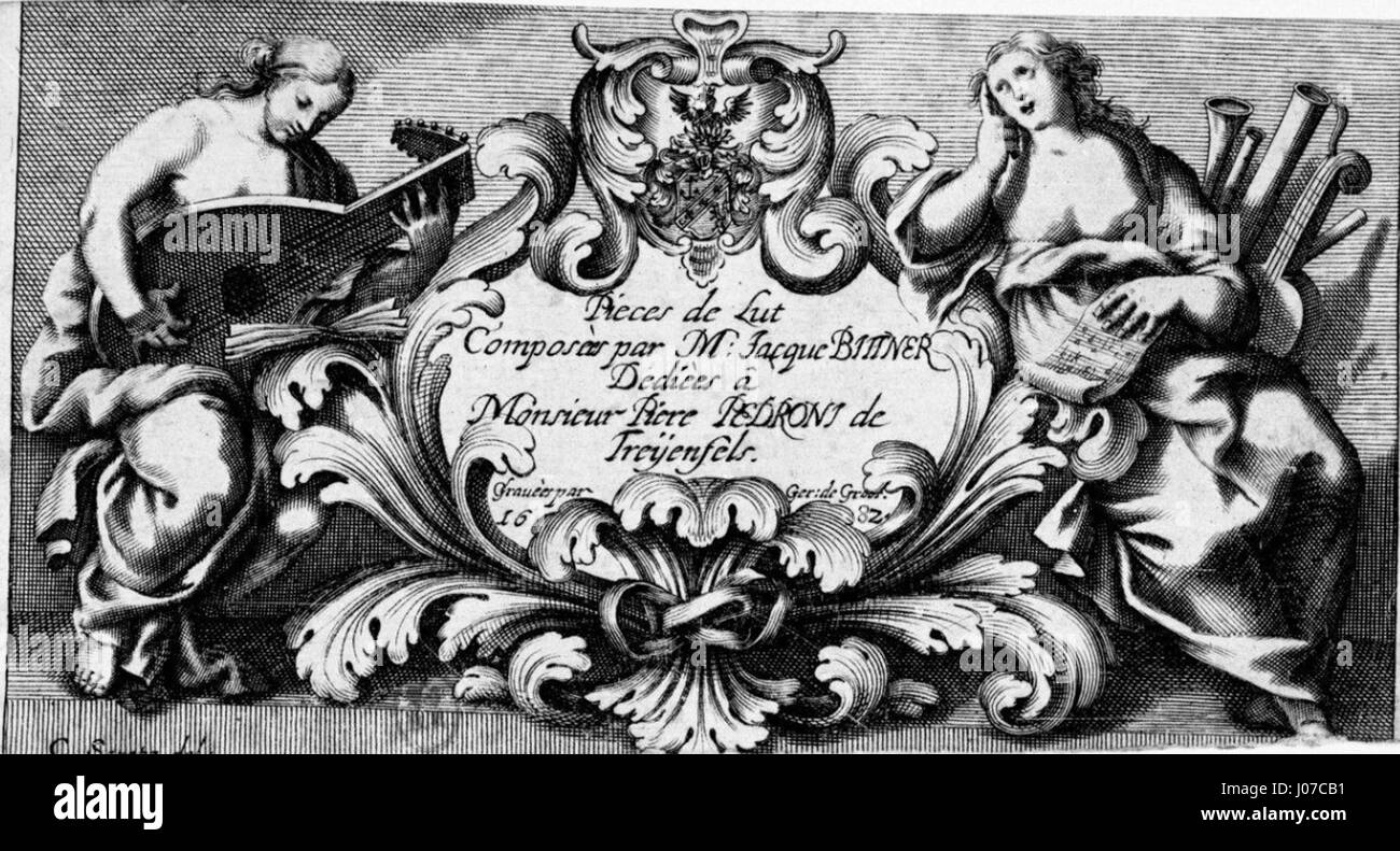 « Pièces de lut » de Jacques Bittner est probablement une composition musicale pour luth, la page de titre servant de représentation artistique de l'œuvre, soulignant son lien avec la musique du XVIIe ou XVIIIe siècle. Banque D'Images