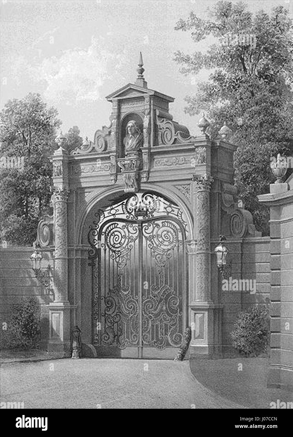 Cette photographie ou cette peinture présente le pavillon de chasse Klein-Glienicke avec la porte Kurfürstentor en arrière-plan. L'architecture historique est située dans un paysage pittoresque. Banque D'Images