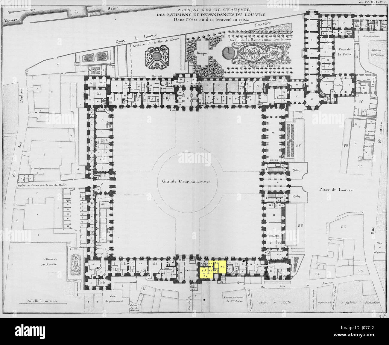 Le plan du rez-de-chaussée du Louvre, publié dans « architecture française Tome 4 Livre 6 PL 5 » par l'Académie d'architecture, est un document essentiel détaillant l'agencement et les éléments architecturaux de ce musée emblématique français. Il illustre la conception complexe et l'importance historique de l'espace du Louvre. Banque D'Images
