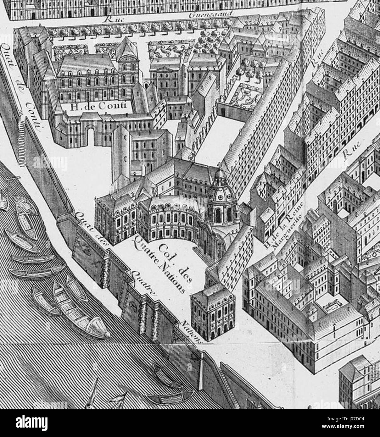 La carte Turgot de Paris de 1739 comprend le Collège des Quatres Nations, un bâtiment historique créé au XVIIe siècle. La carte offre une représentation détaillée de la disposition de Paris au début de la période moderne, mettant en évidence des institutions clés telles que ce collège. Banque D'Images