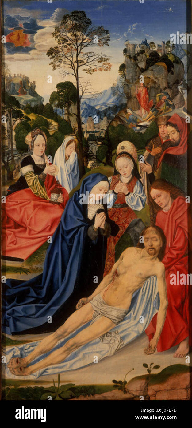 'Triptyque de la passion - déploration' est une œuvre d'art religieuse représentant la passion du Christ. Le triptyque se concentre sur le chagrin et le deuil entourant la crucifixion, capturant la profondeur émotionnelle du moment dans un style vif et dévotionnel. Banque D'Images