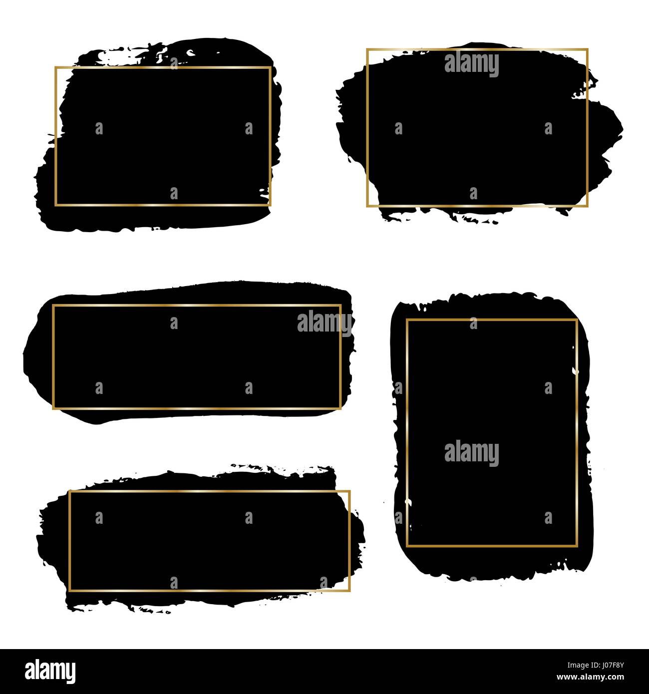 Un ensemble de coups de pinceau d'encre noire avec des cadres dorés, isolé sur fond blanc. Éléments de conception graphique dessiné à la main avec l'exemplaire-espace. Illustration de Vecteur