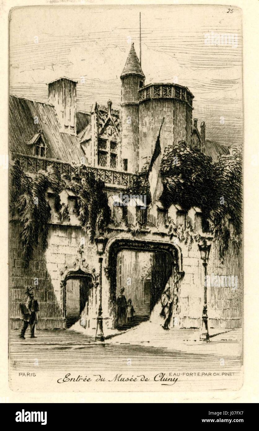 Cette image capture l’entrée du Musée de Cluny à Paris, un musée historique emblématique situé au cœur de la ville. Le musée est réputé pour son art médiéval et ses artefacts, abrité dans un manoir gothique. Banque D'Images
