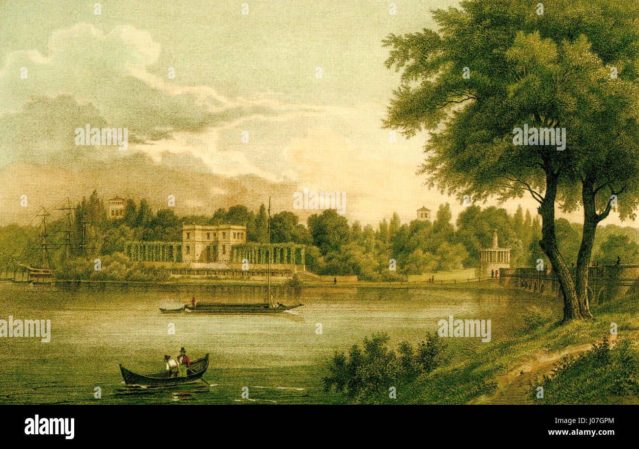 Klein-Glienicke Lütke Casino und Ufer est une peinture représentant le casino de Lütke et le front de mer à Klein-Glienicke, en Allemagne. Le travail se concentre sur le paysage et l'architecture de la région. Banque D'Images