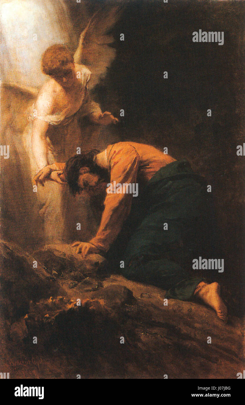 Le Christ sur le Mont des oliviers de Benczér (1919) représente un moment charnière de la passion du Christ, mettant en valeur l'agitation émotionnelle du Christ alors qu'il prie dans le jardin avant son arrestation. L’œuvre capte l’intensité religieuse et la profonde réflexion spirituelle. Banque D'Images