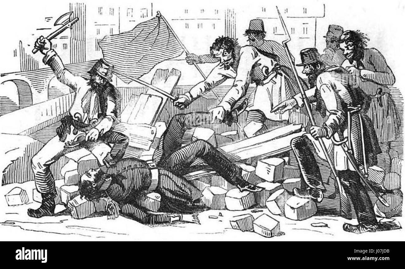 « Assassinat d'un garde national … la barricade du petit-Pont illustre un moment dramatique de la Révolution française, montrant l'assassinat d'un officier de la Garde nationale à la barricade de petit-Pont. La peinture capture l'intensité et la violence de la période révolutionnaire. Banque D'Images