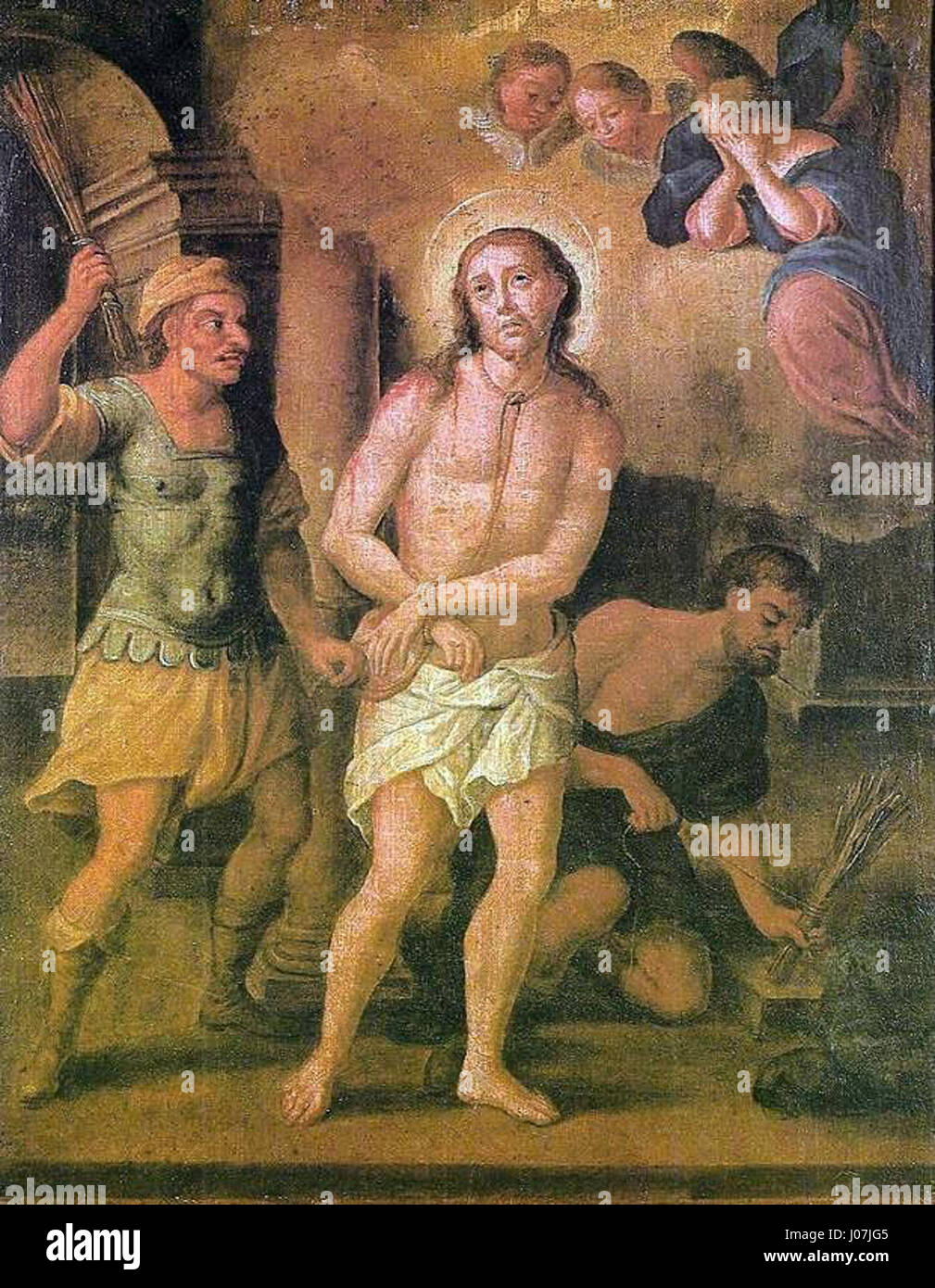 'A Flagelação de Jesus' de Bento José Rufino Capinam dépeint le fléau du Christ, un moment charnière de l'iconographie chrétienne. L’œuvre met en évidence l’intensité émotionnelle et la dévotion religieuse au cœur de cet événement biblique. Banque D'Images
