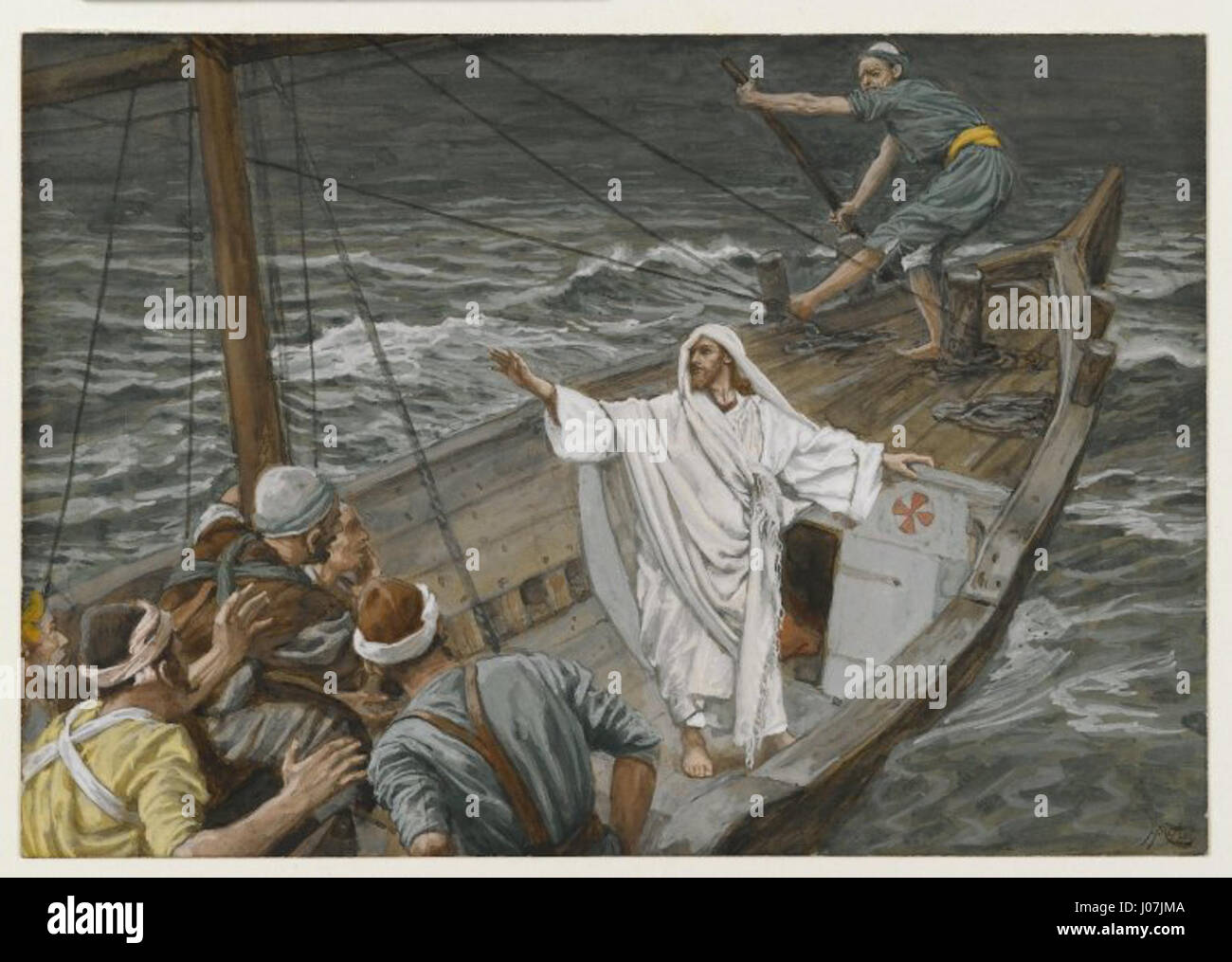 « Jesus Stilling the Tempest » est une peinture de James Tissot représentant la scène biblique où Jésus calme une tempête sur la mer de Galilée, montrant son autorité divine sur la nature. L'œuvre capture le moment de tranquillité suivant le chaos, mettant en lumière les thèmes de la foi et de la sérénité. Banque D'Images