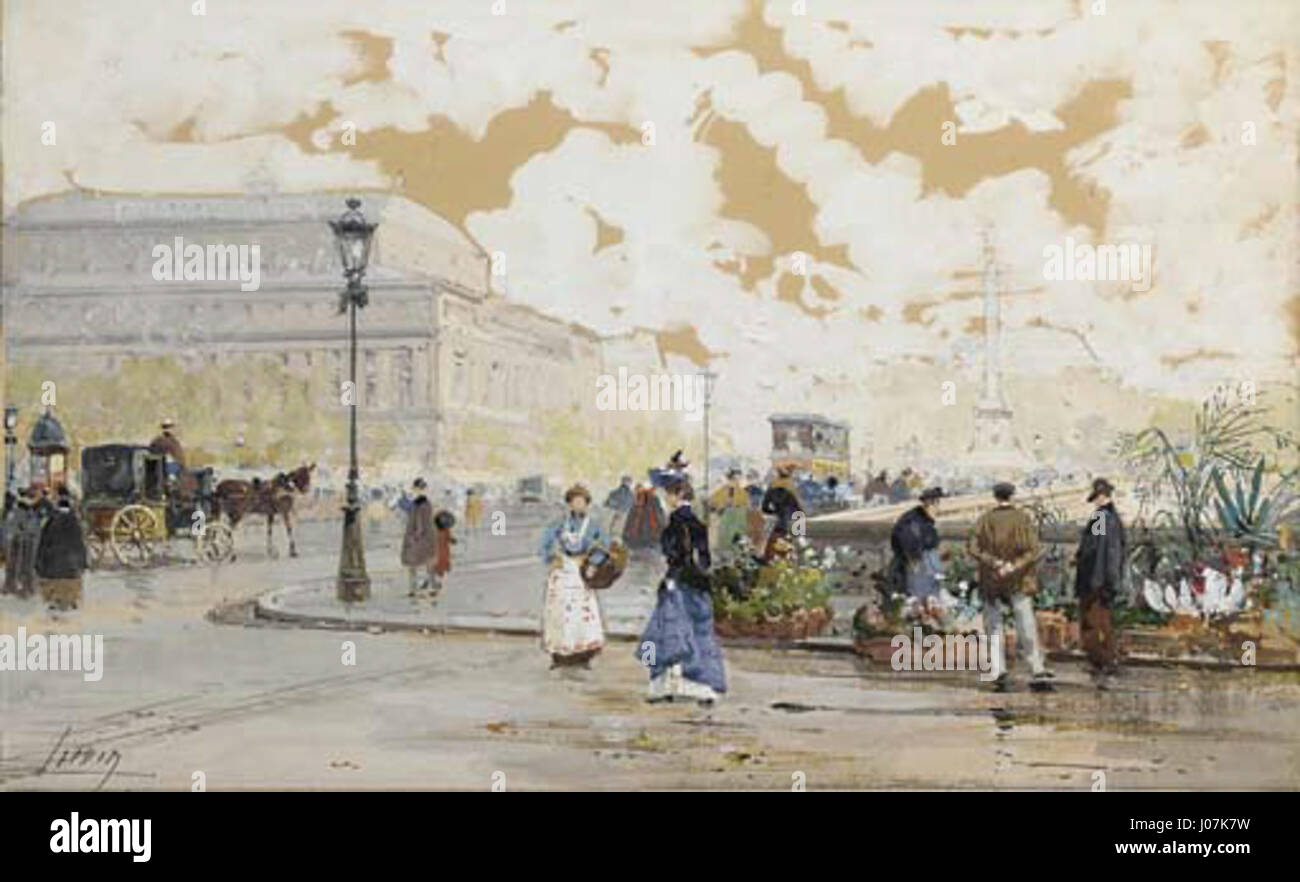 « Paris place du Châtelet 6 » d'Eugène Galien-Laloue dépeint une scène de rue parisienne animée, capturant l'agitation de Paris au début du XXe siècle. Banque D'Images