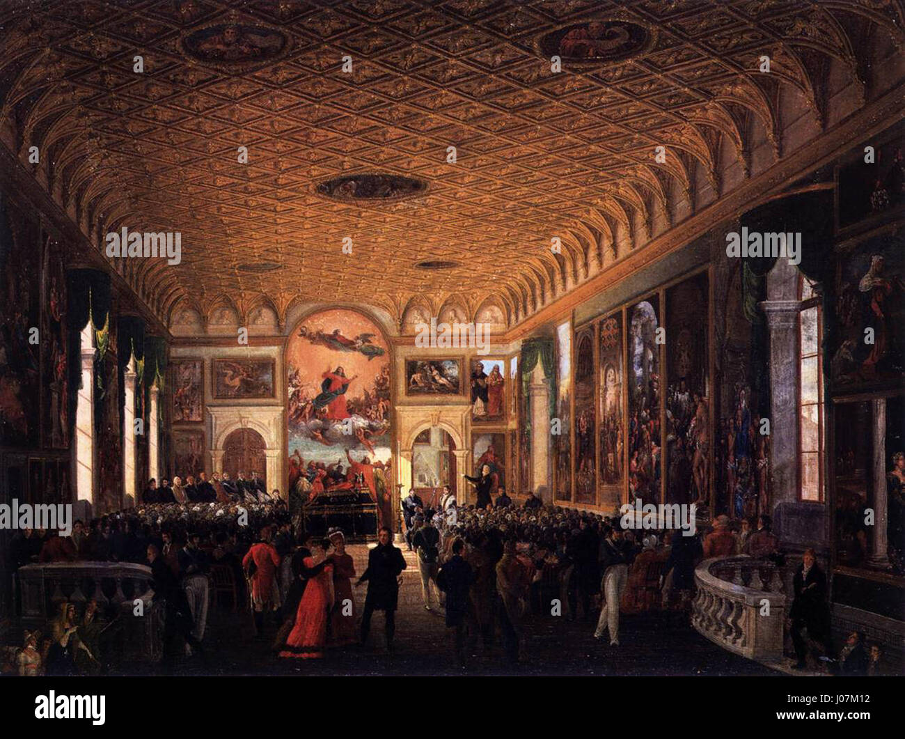 La « commémoration de Canova dans la Scuola Grande della Carità » de Giuseppe Borsato commémore la vie et les œuvres du célèbre sculpteur Antonio Canova. Cette peinture capture l’hommage à l’héritage de Canova dans le célèbre bâtiment vénitien, symbolisant son impact sur le monde de l’art à l’époque néoclassique. Banque D'Images