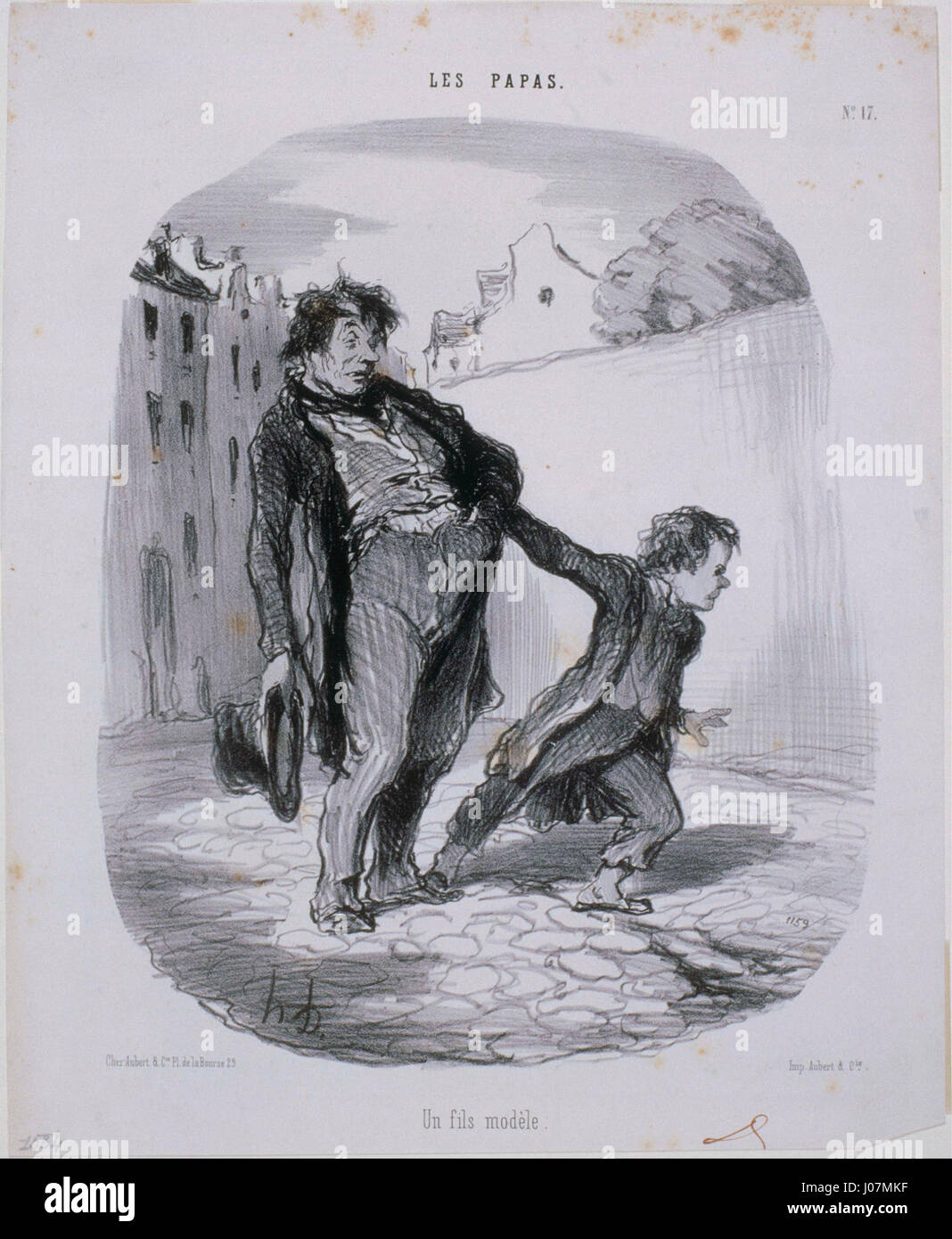 « Les Papas – un fils modèle » d’Honoré Daumier critique avec humour la dynamique familiale, en se concentrant sur une relation père-fils dans le contexte des attentes sociales au XIXe siècle. L’œuvre met en lumière la satire et le commentaire social de Daumier. Banque D'Images
