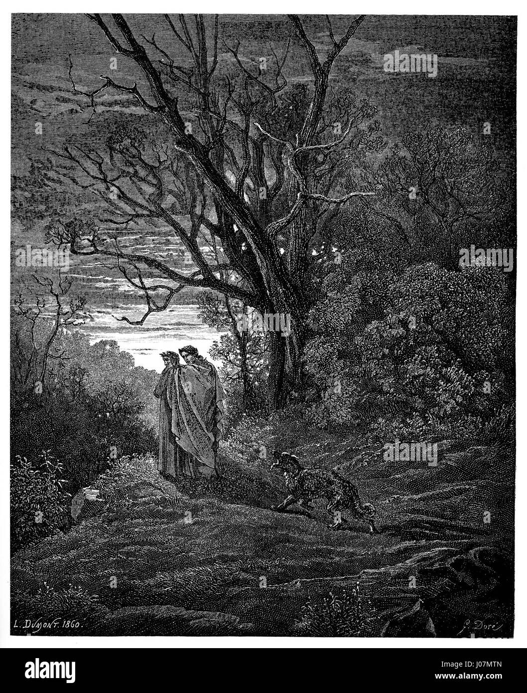 Illustration de Gustave Doré pour l’Enfer de Dante, Planche IV, présentant Dante rencontrant Virgile, du Chant I, créée à l’origine en 1857. Banque D'Images
