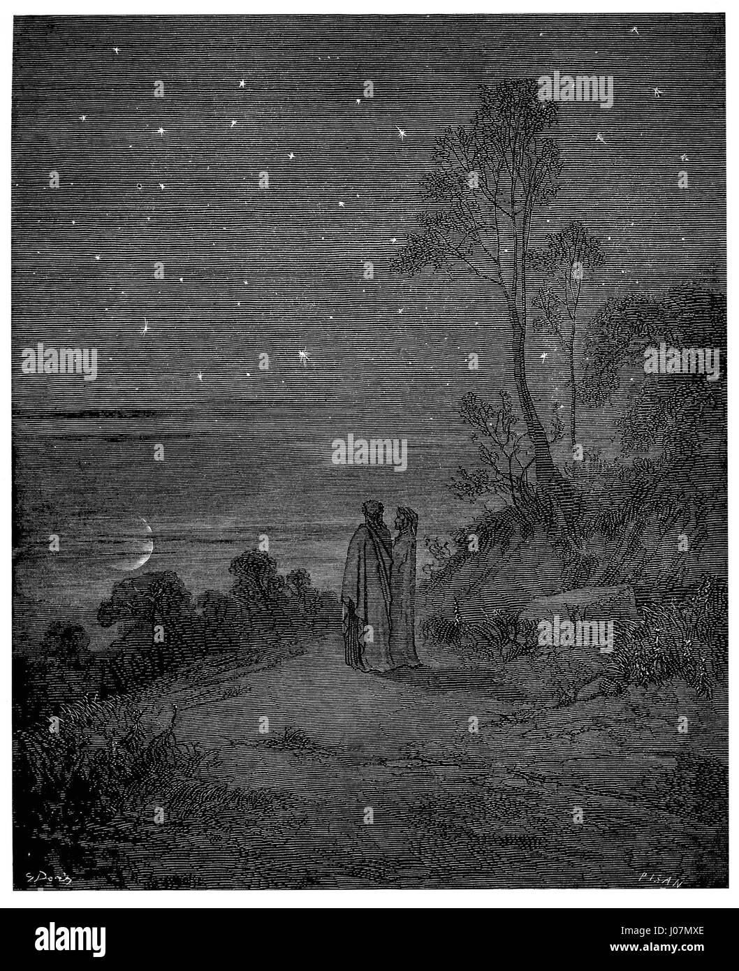 Illustration de Gustave Doré pour l’Enfer de Dante Alighieri, Planche 6, présentant le début du Chant II, "Le jour s’en allait", créée à l’origine en 1857. Banque D'Images