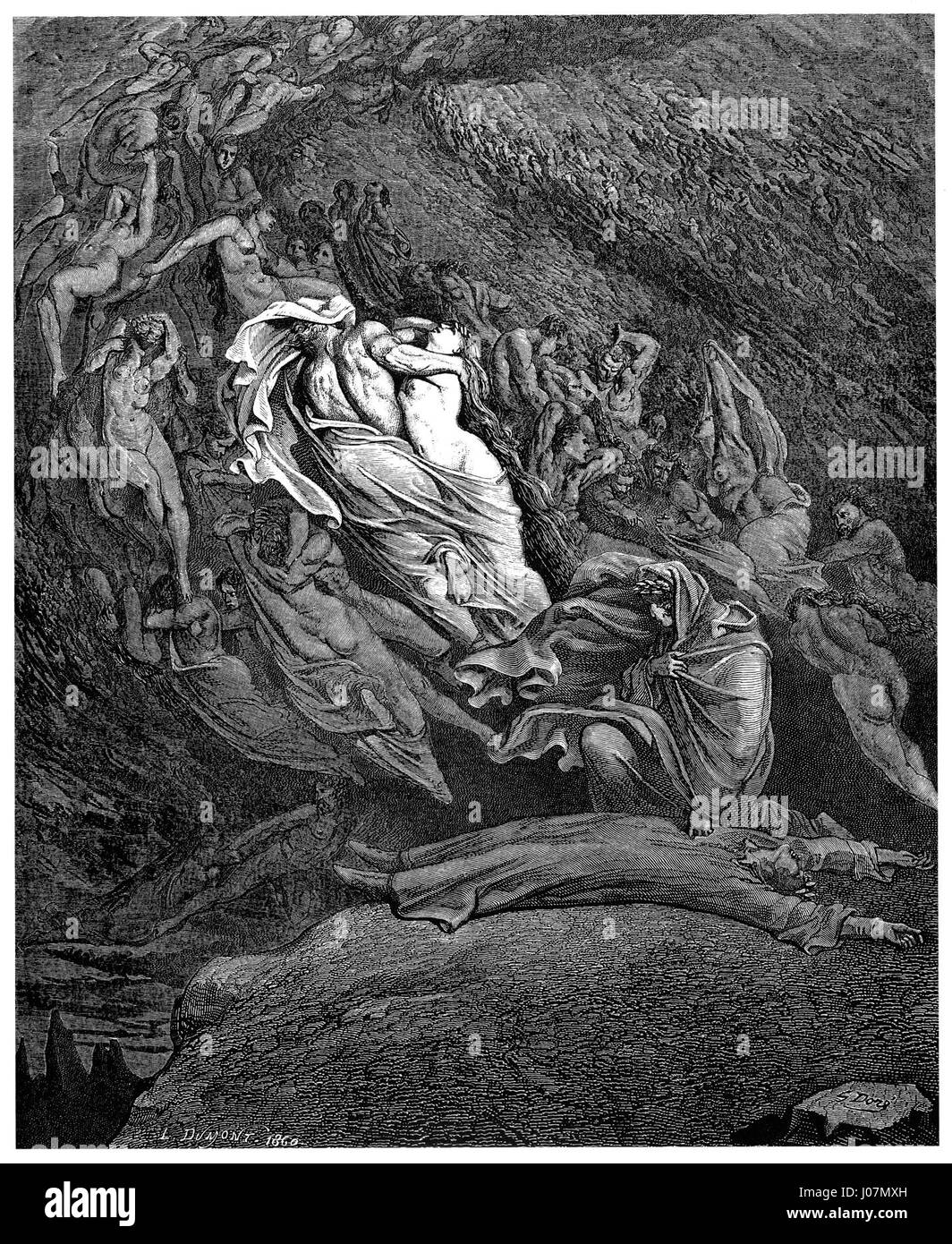 Illustration de Gustave Doré pour l’Enfer de Dante Alighieri, Planche 18, présentant le Chant V, où Dante s’évanouit en entendant le récit de Francesca di Rimini, créé à l’origine en 1857. Banque D'Images