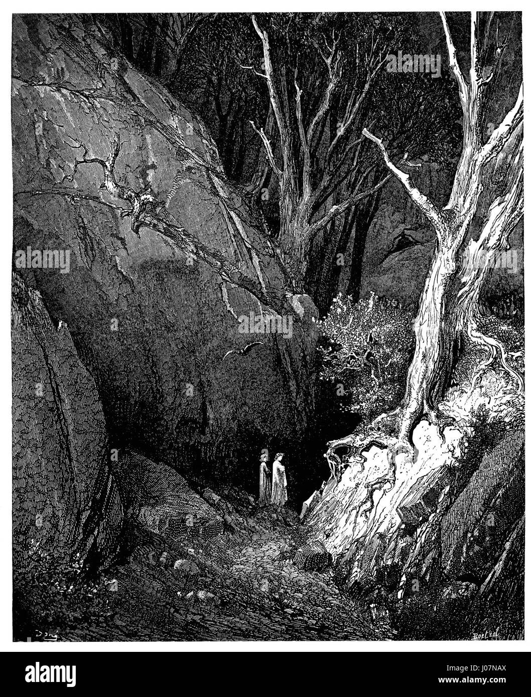 Illustration de Gustave Doré pour l’Enfer de Dante Alighieri, Planche 5, présentant la fin du Chant I, créée à l’origine en 1857. Banque D'Images