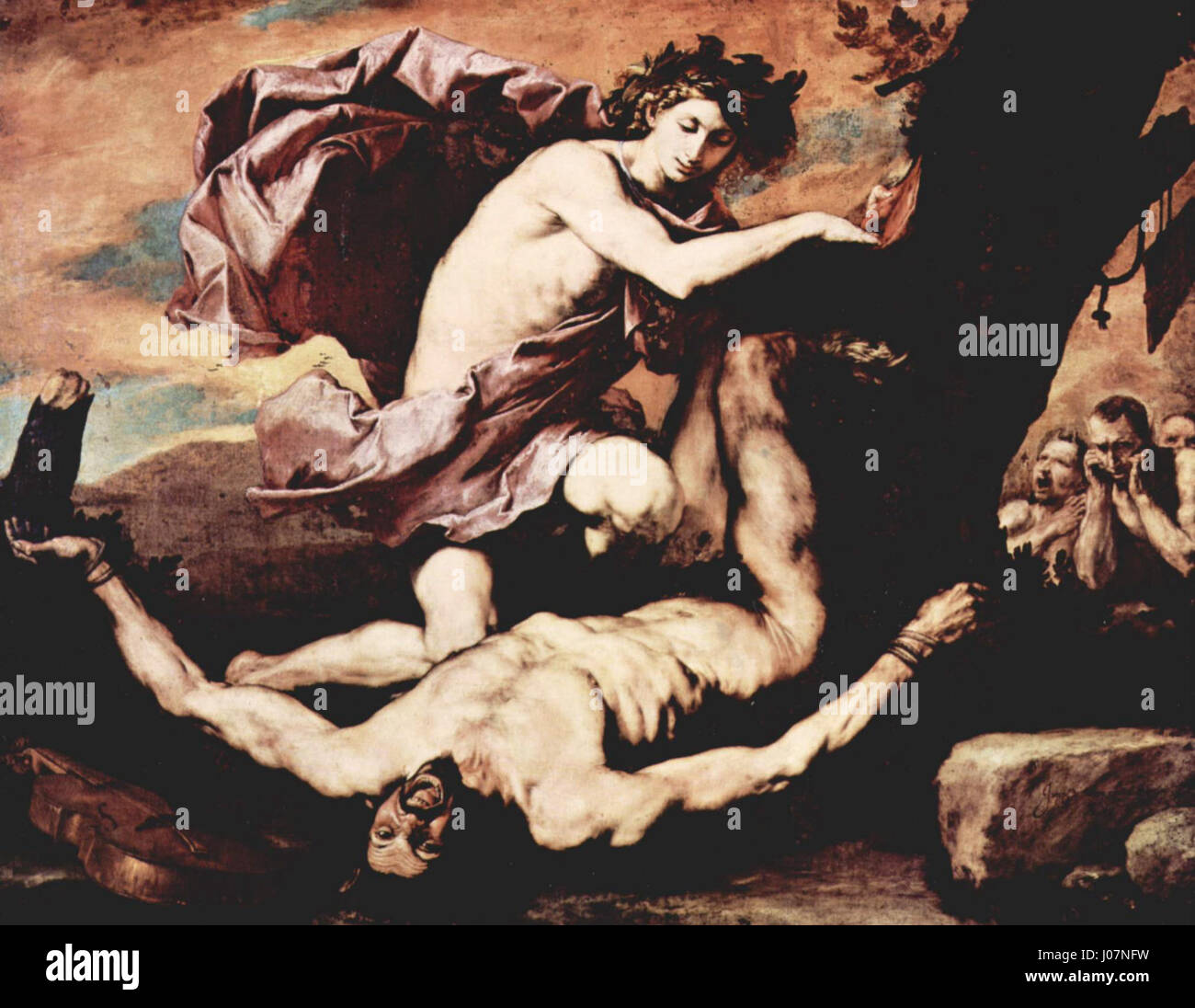 José de Ribera, peintre espagnol de renom, est connu pour ses œuvres représentant des thèmes religieux et mythologiques. Son utilisation intense du chiaroscuro dans 'le martyre de Saint-Barthélemy' est l'une de ses pièces les plus emblématiques. Banque D'Images