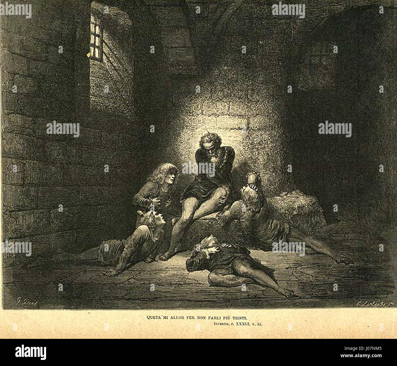 Une gravure de Gustave Dorè, un artiste français, illustrant le Chant 33 de l’Enfer de Dante, montrant un groupe de personnes en détresse dans une pièce en pierre faiblement éclairée. Banque D'Images