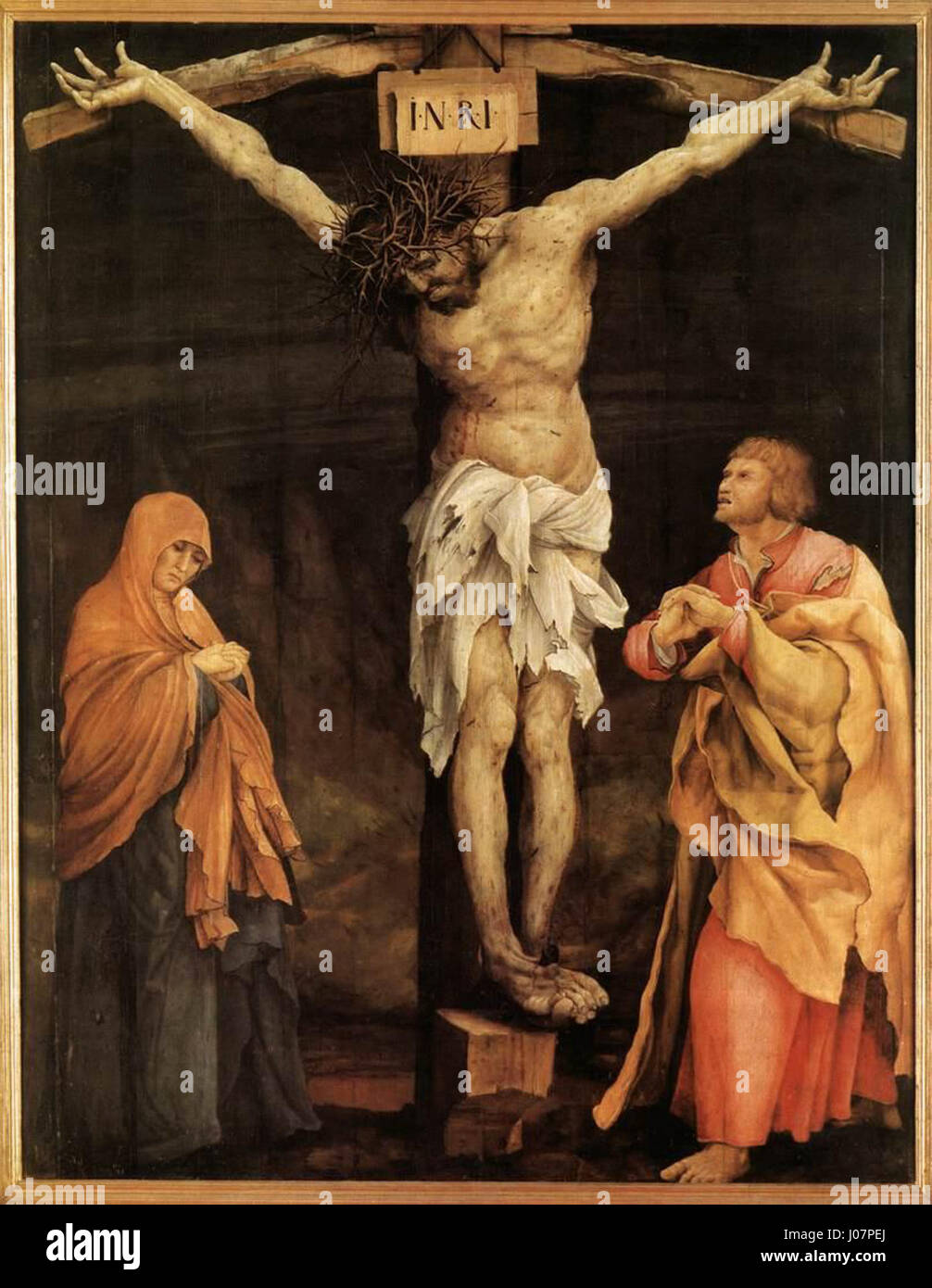 'La Crucifixion' de Matthias Grünewald est une puissante peinture religieuse du début du XVIe siècle. L'œuvre représente la crucifixion du Christ avec une émotion intense et un réalisme vif, reflétant l'utilisation magistrale de la couleur et des compositions dramatiques par Grünewald. Banque D'Images