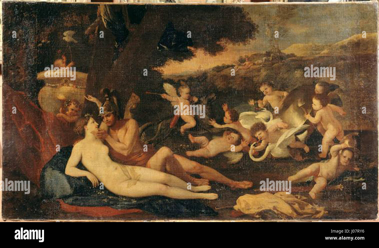 Mars et Vénus de Nicolas Poussin représente les figures mythologiques du Dieu romain de la guerre et de la déesse de l'amour. La peinture dépeint le contraste entre les deux dieux, explorant les thèmes de la passion, de l'amour et du conflit. Le style classique de Poussin met l'accent sur l'équilibre et l'harmonie, caractéristiques de son approche des sujets mythologiques. Banque D'Images