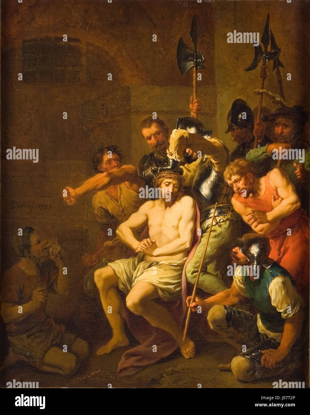 Le tableau de Christian Guillaume Ernest Dietricy de 1757, « Die Dornenkrönung Christi », représente la couronne d’épines posée sur la tête du Christ, une scène religieuse dramatique remplie d’une signification émotionnelle et symbolique. Banque D'Images