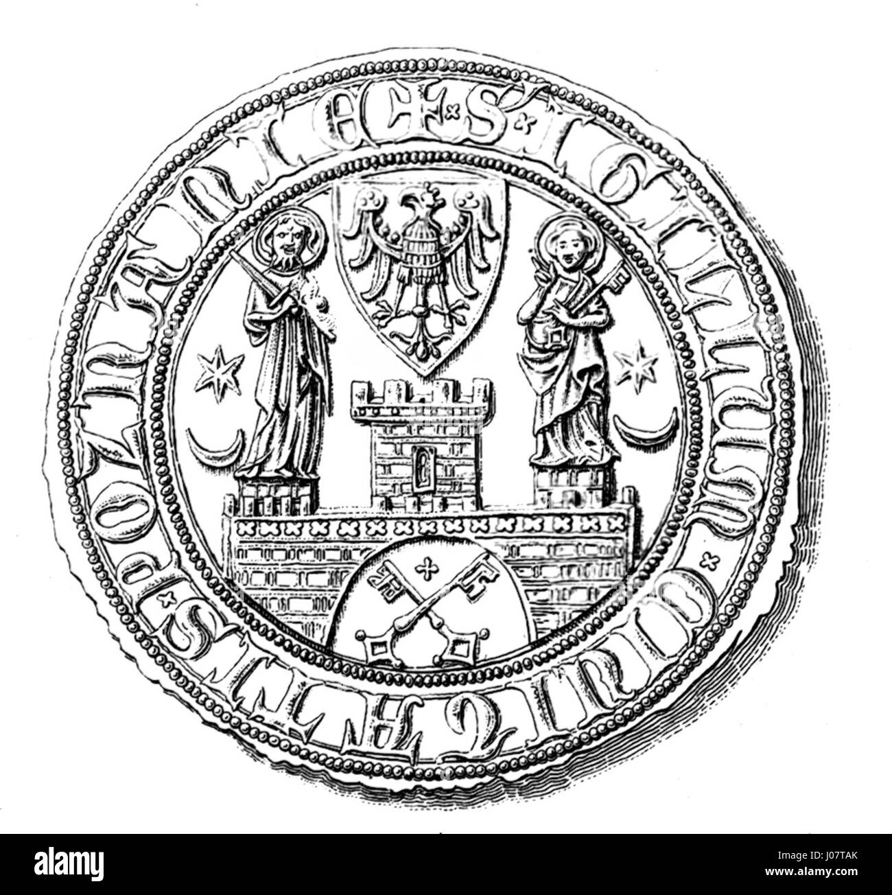 Le sceau de Poznan, datant du XIVe siècle, est un artefact historique utilisé pour les documents officiels. Il donne un aperçu de la gouvernance et de l'administration polonaises médiévales, reflétant l'importance des sceaux dans les affaires juridiques et politiques au cours de cette période. Banque D'Images
